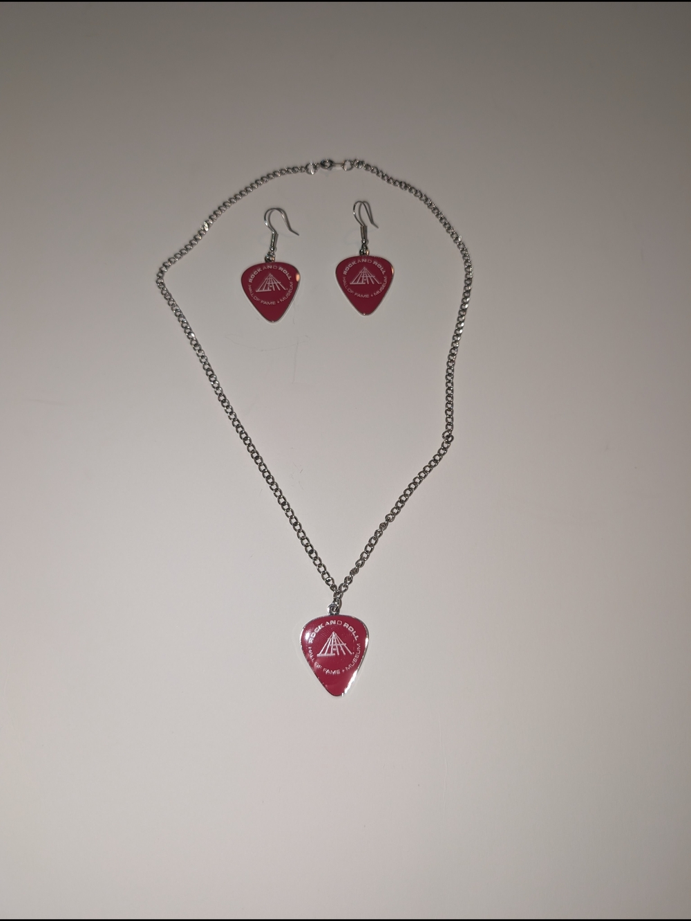 Pink Guitar Pick Pendant Necklace & Earrings Set